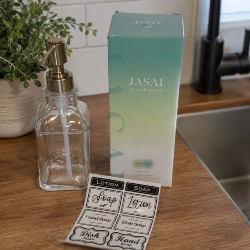 JASAI Antique Square‎ Glass Soap Dispenser 12oz Clear Stainless Steel Pump 81-10